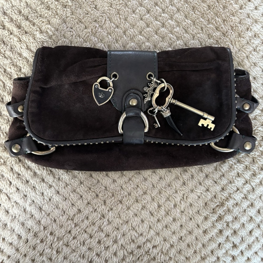 Vintage Juicy Couture Chocolate Brown Suede Clutch Skeleton Key Heart Charms